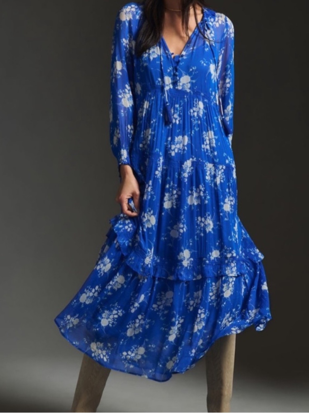 Anthropologie The Marais Printed Floral Sheer Chiffon Maxi Dress in Blue - L - Picture 1 of 13